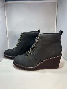 TOMS Melrose Black Oiled Nubuck Waterproof Lace-Up Wedge Ankle Boots